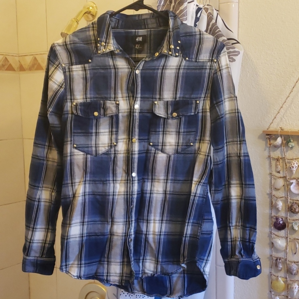 H&M Gold-Studded Plaid Button Up